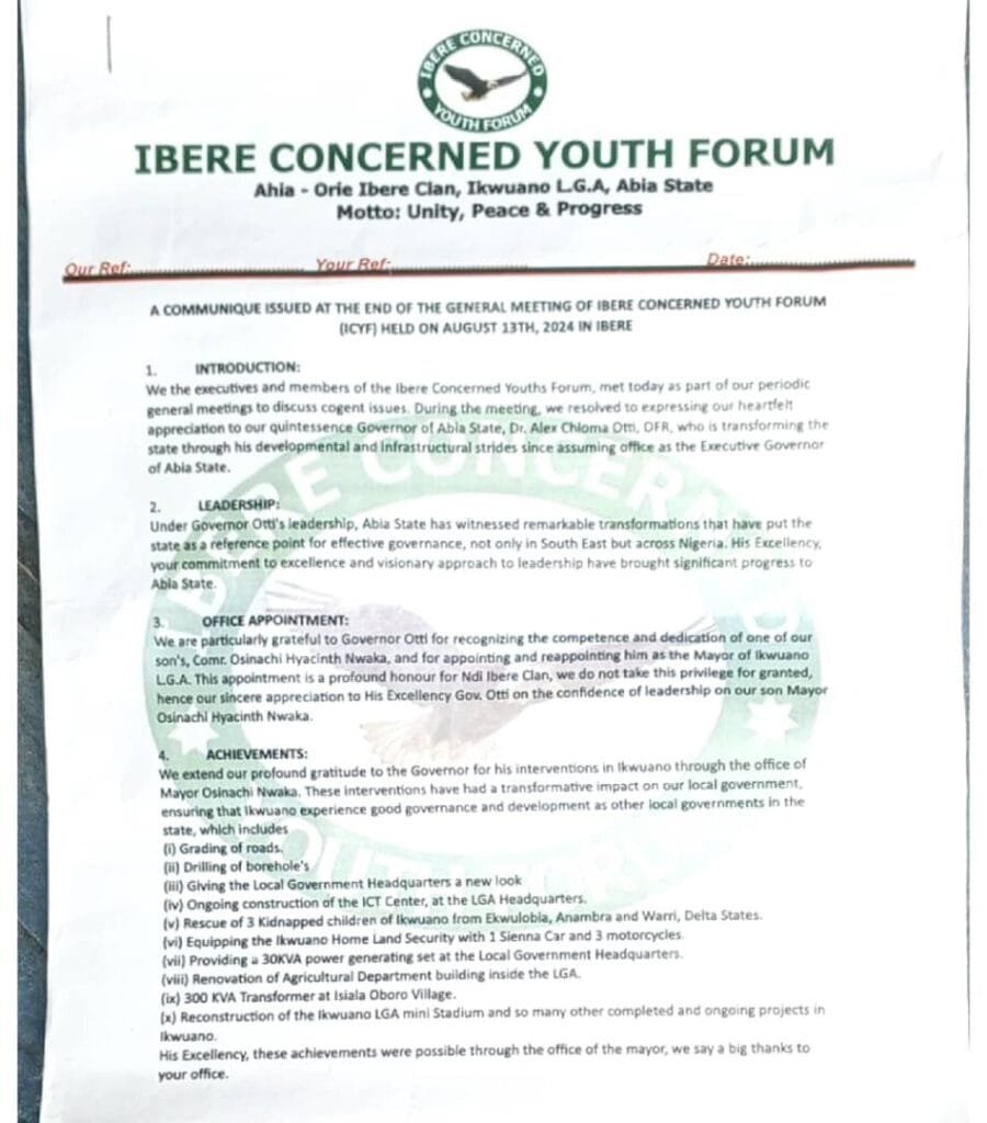 Ibere Youths Express Gratitude to Gov. Otti for Developmental Strides, Honouring of Mayor Osinachi Nwaka 2 img 20240818 wa0048300870046627481307