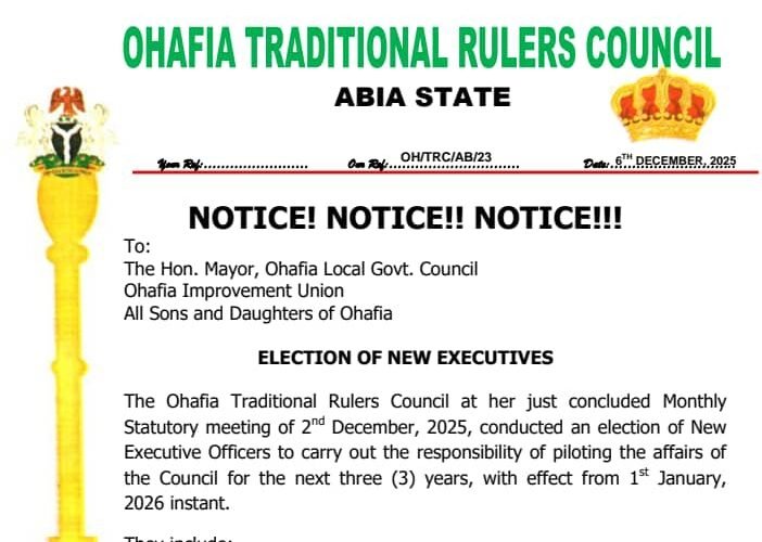 Ohafia Traditional Rulers Council Elects New Executive Officers To Man Her Affairs